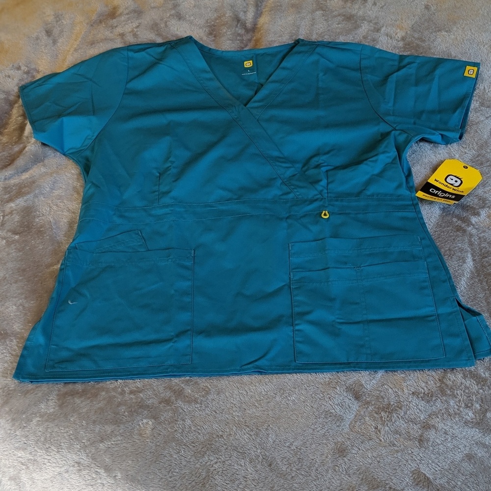 Teal scrub top.